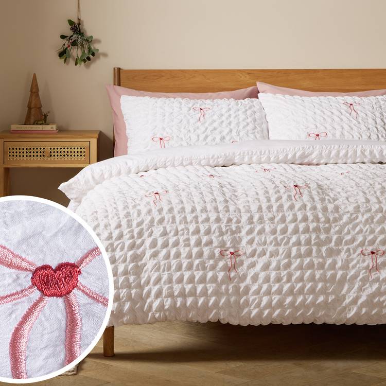 Argos Home embroidered bows white bedding set single, imported from the UK