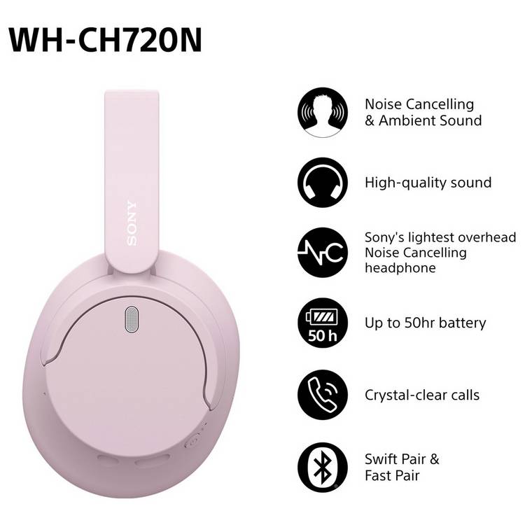 Sony WH-CH720N over-ear wireless headphones in pink, UK version