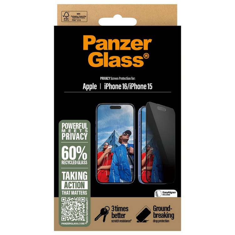 PanzerGlass privacy screen protector for iPhone 15/16, imported from the UK