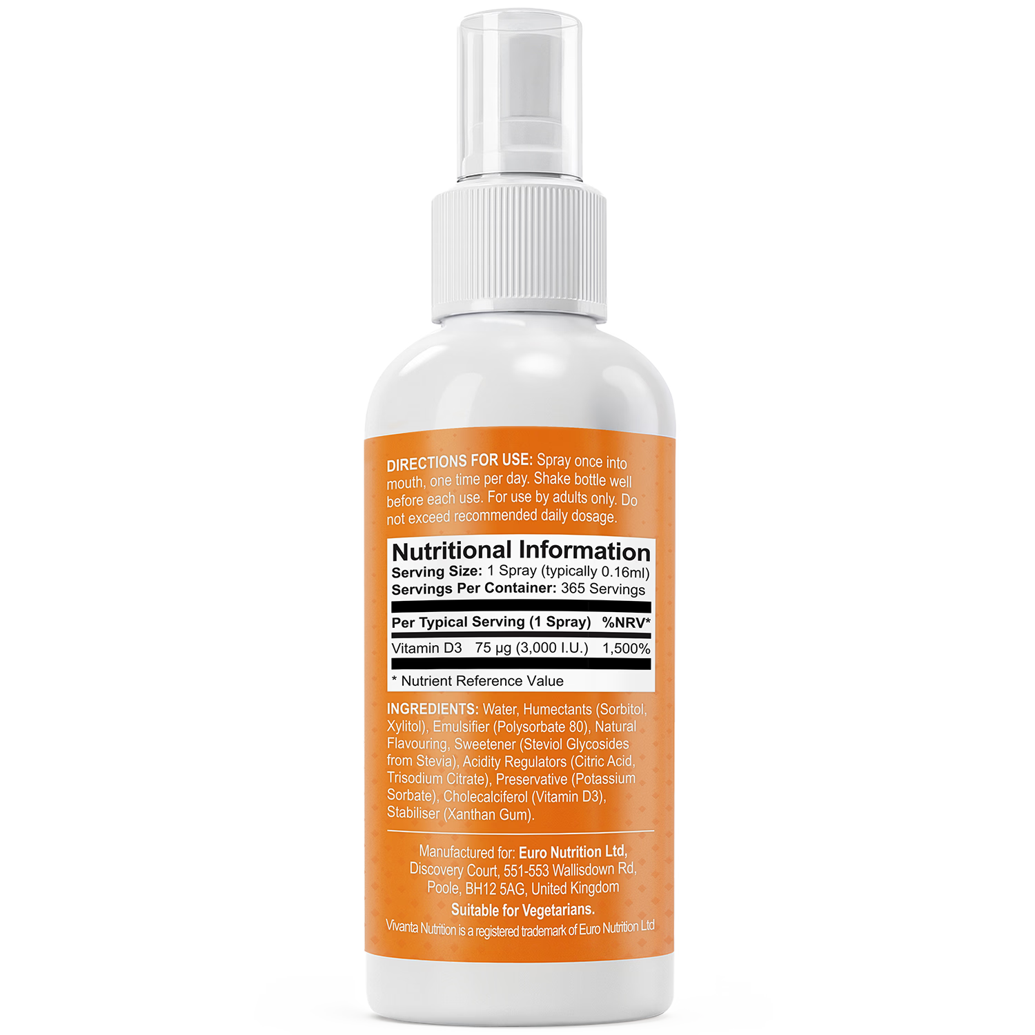 Vivanta Nutrition Vitamin D Spray 3000IU Orange Flavour 60ml, imported from the UK