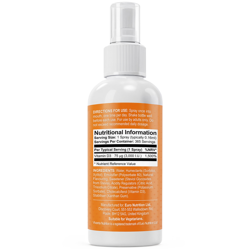 Vivanta Nutrition Vitamin D Spray 3000IU Orange Flavour 60ml, imported from the UK
