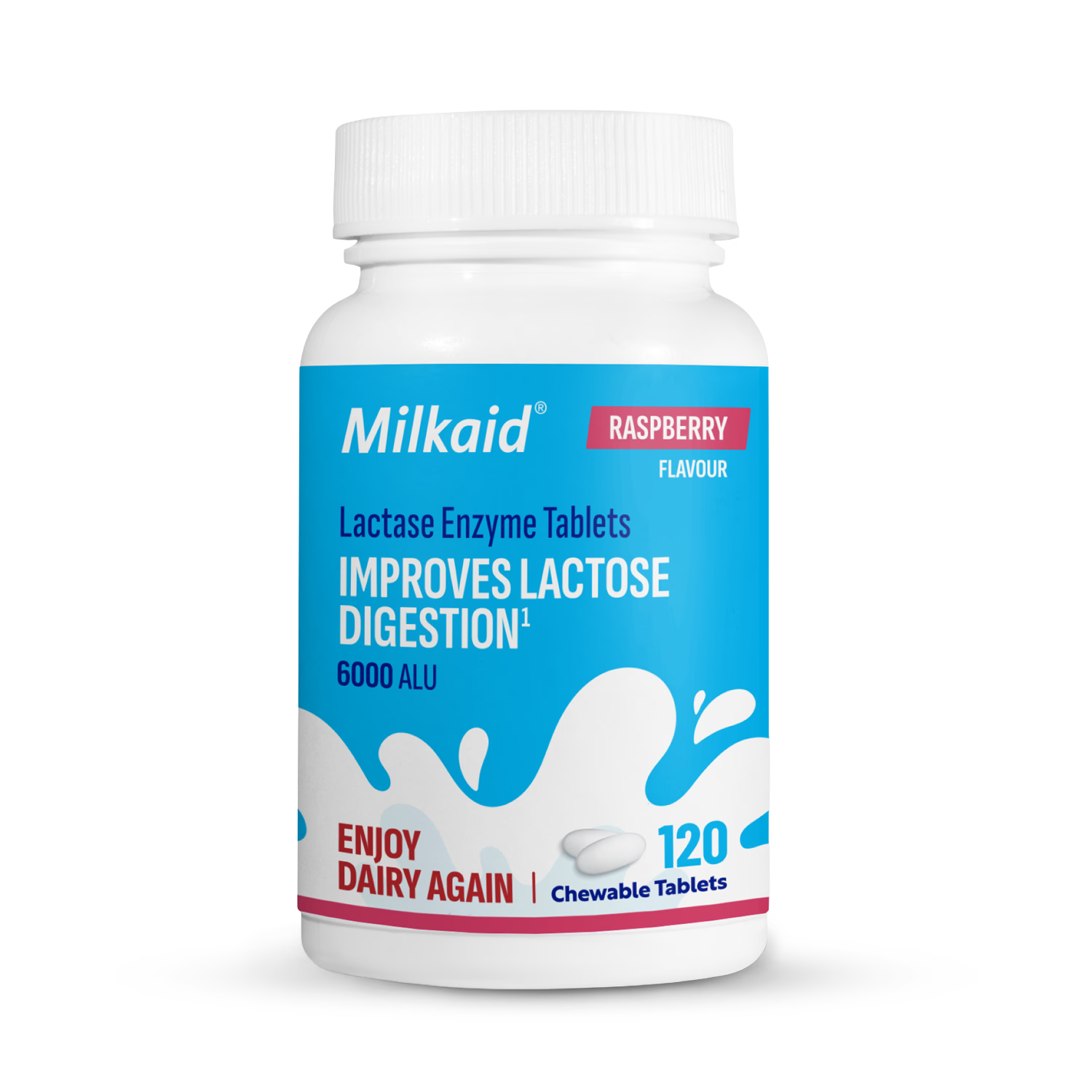 Milkaid lactase enzyme tablets raspberry flavour 120 tablets, imported from the UK