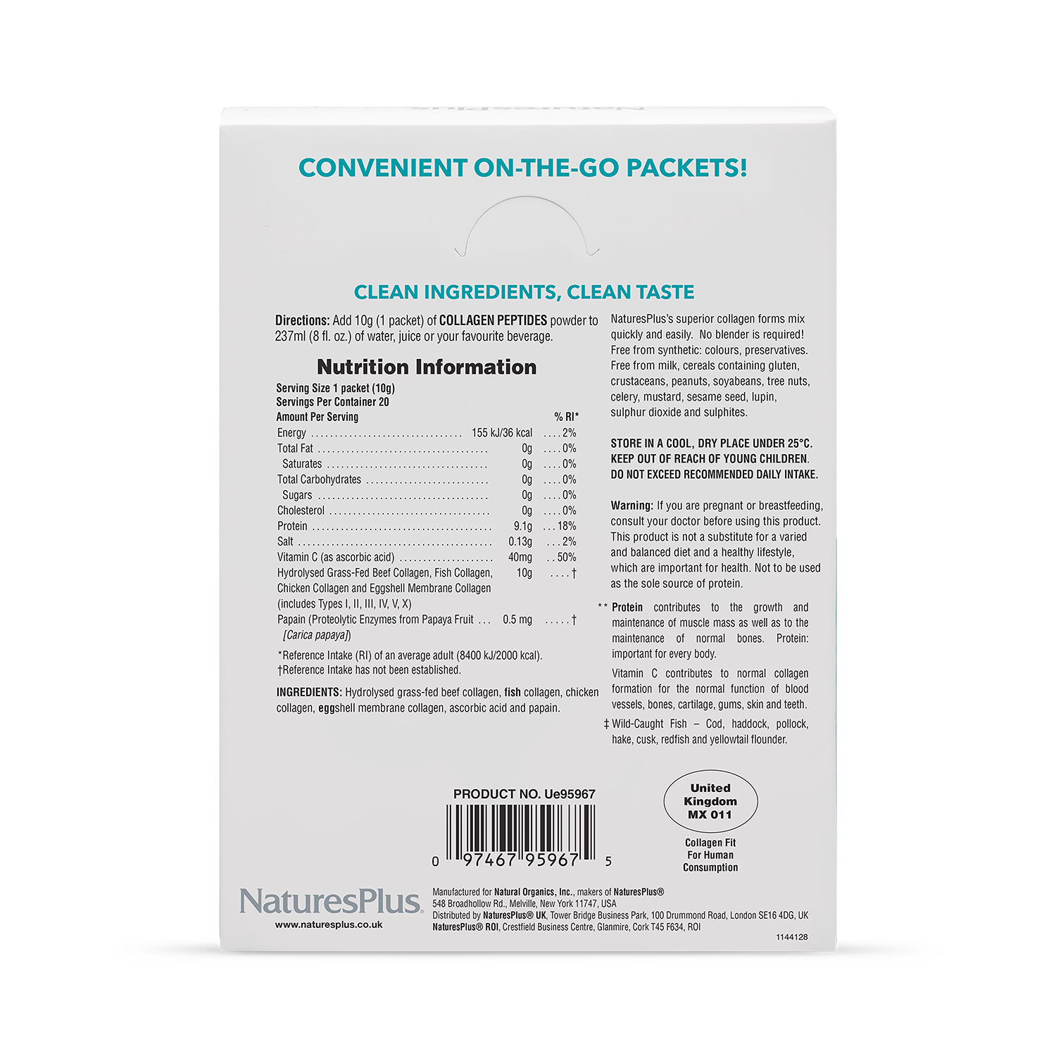 NaturesPlus collagen powder stick pack 20 sachets, UK version