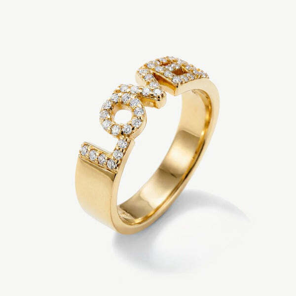 MUCHV gold Loved script ring with cubic zirconia - British product