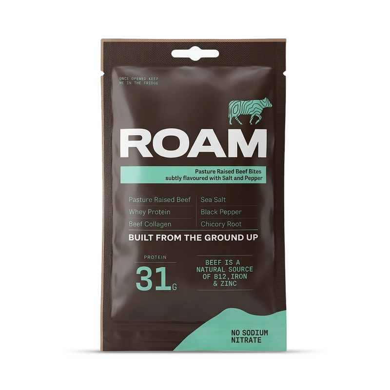 ROAM salt and pepper grass-fed beef bites 70g sharing bag (British brand)