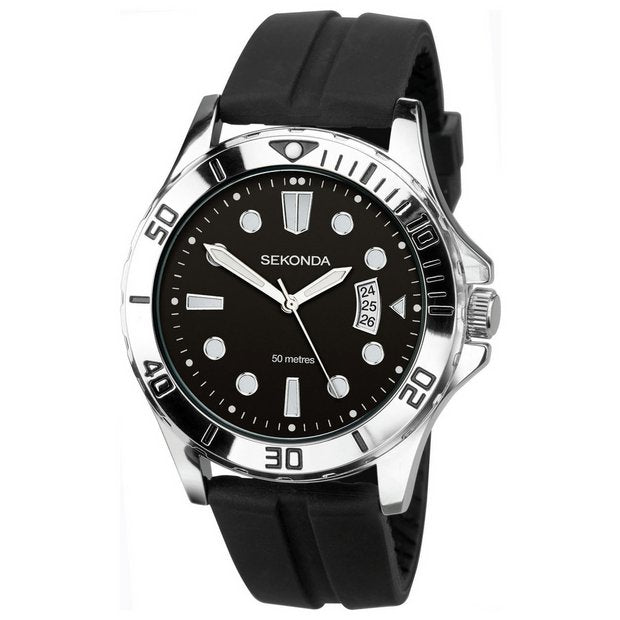 Sekonda men's sports watch black silicone strap, UK version