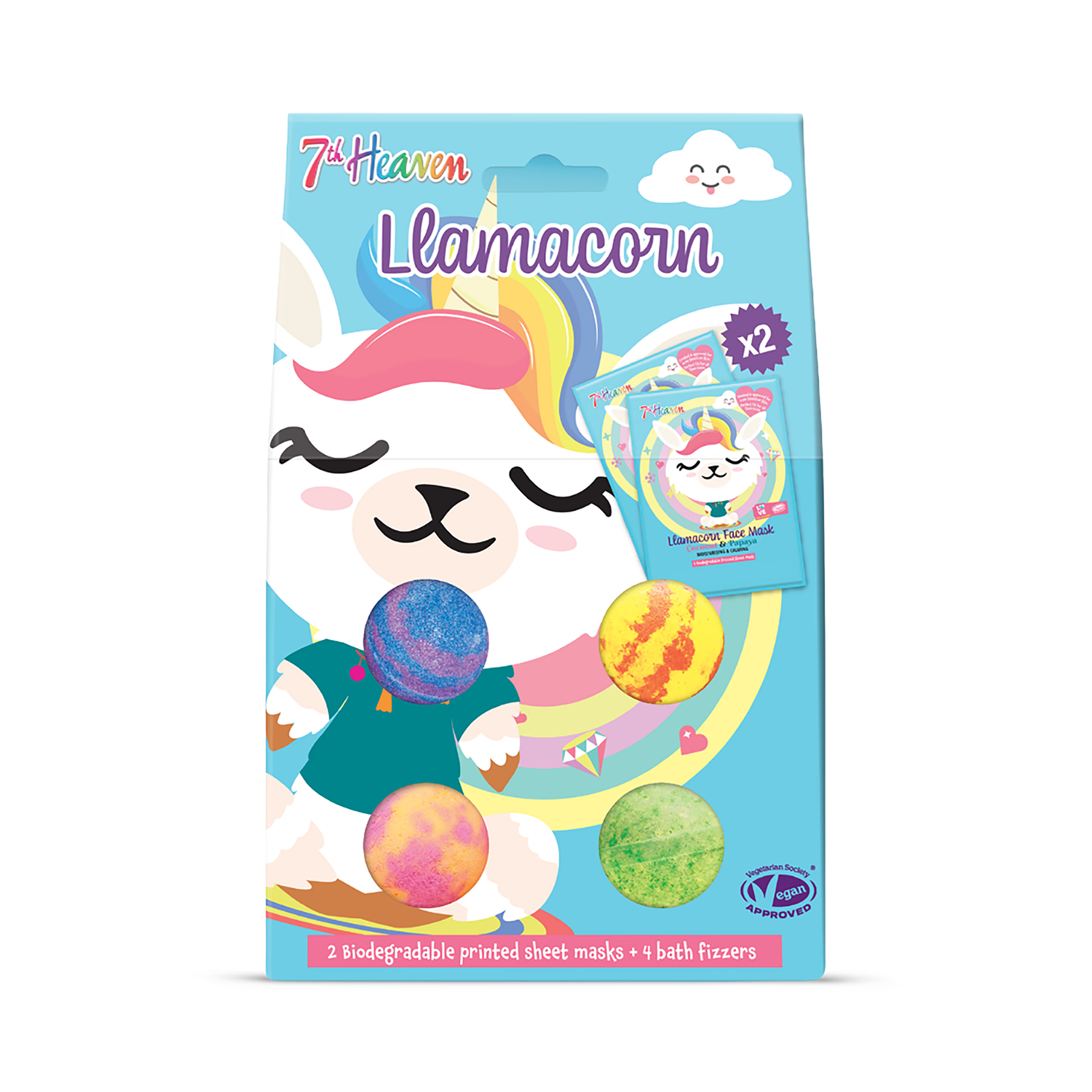 7th Heaven Llamacorn face mask and bath bomb set, UK version