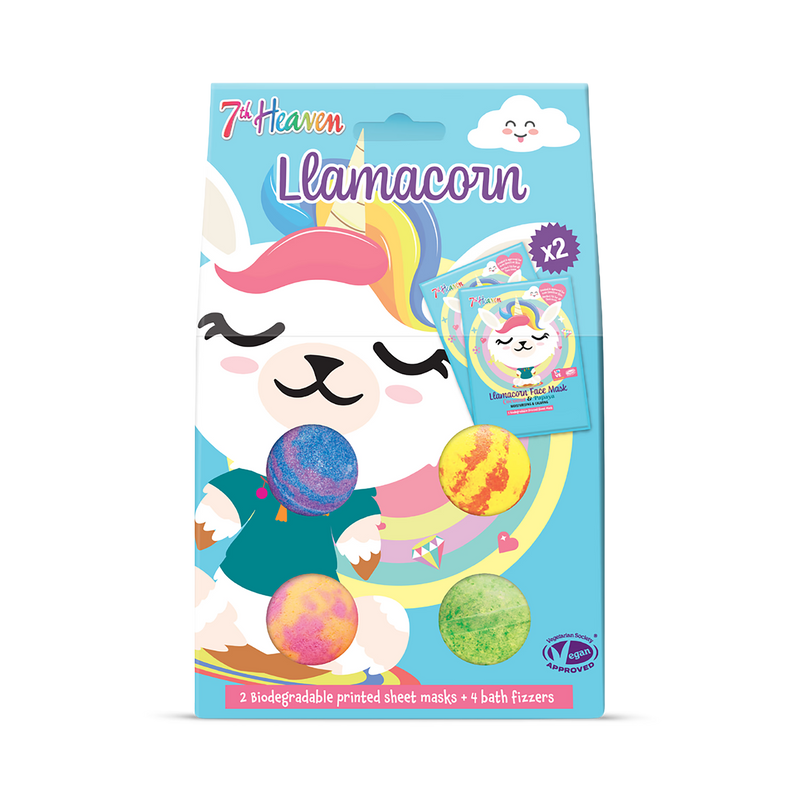7th Heaven Llamacorn face mask and bath bomb set, UK version