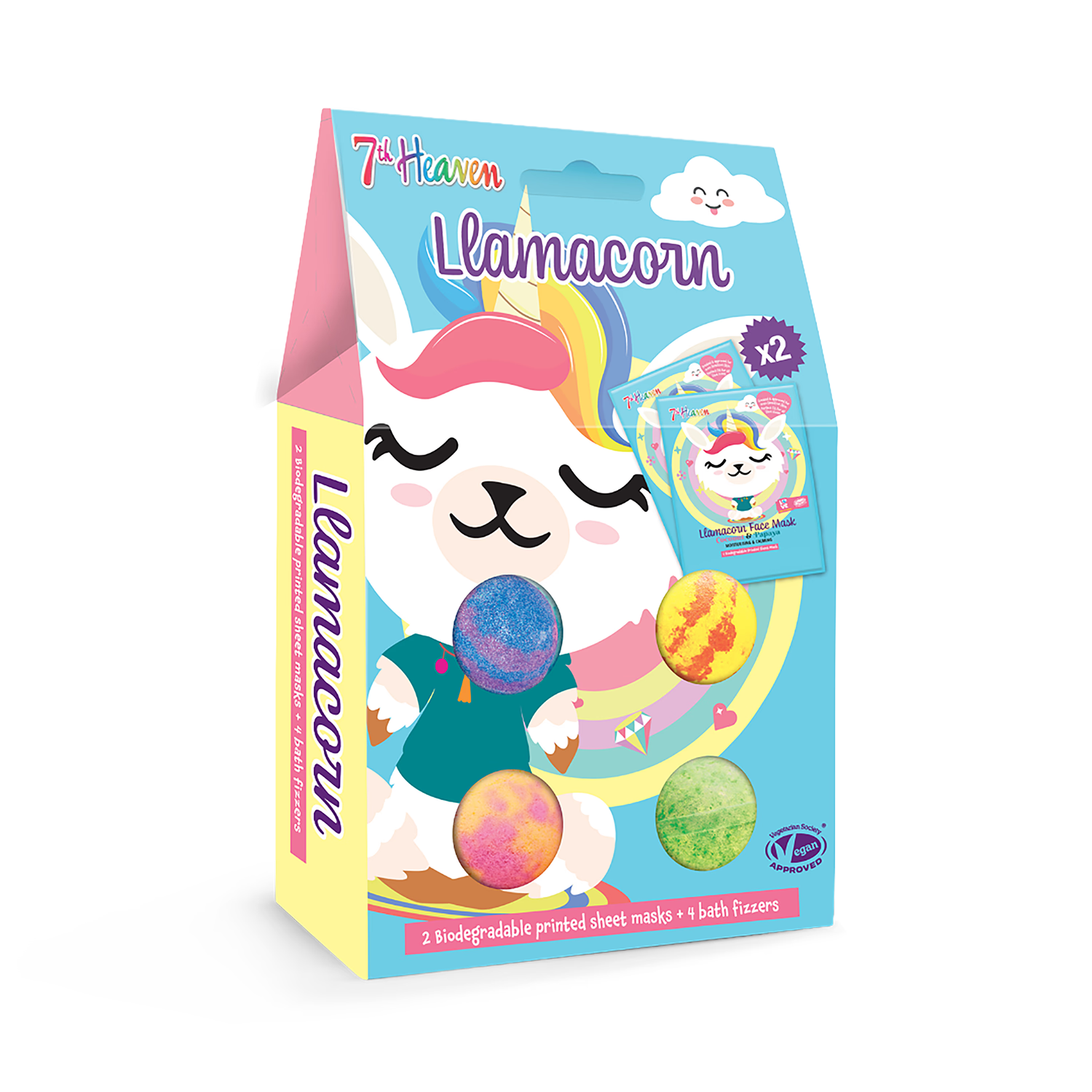 7th Heaven Llamacorn face mask and bath bomb set, UK version