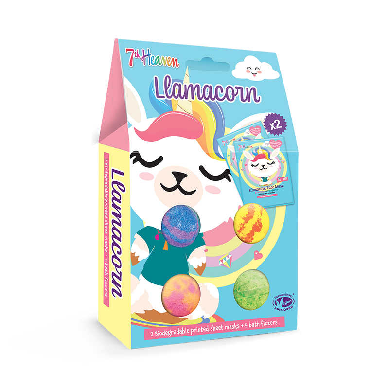 7th Heaven Llamacorn face mask and bath bomb set, UK version