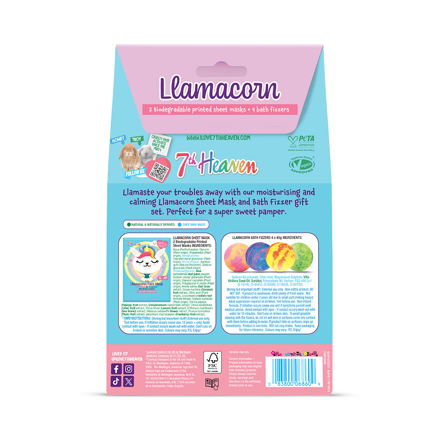 7th Heaven Llamacorn face mask and bath bomb set, UK version