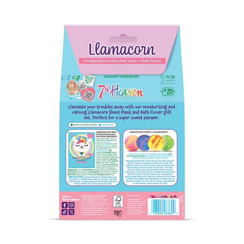 7th Heaven Llamacorn face mask and bath bomb set, UK version