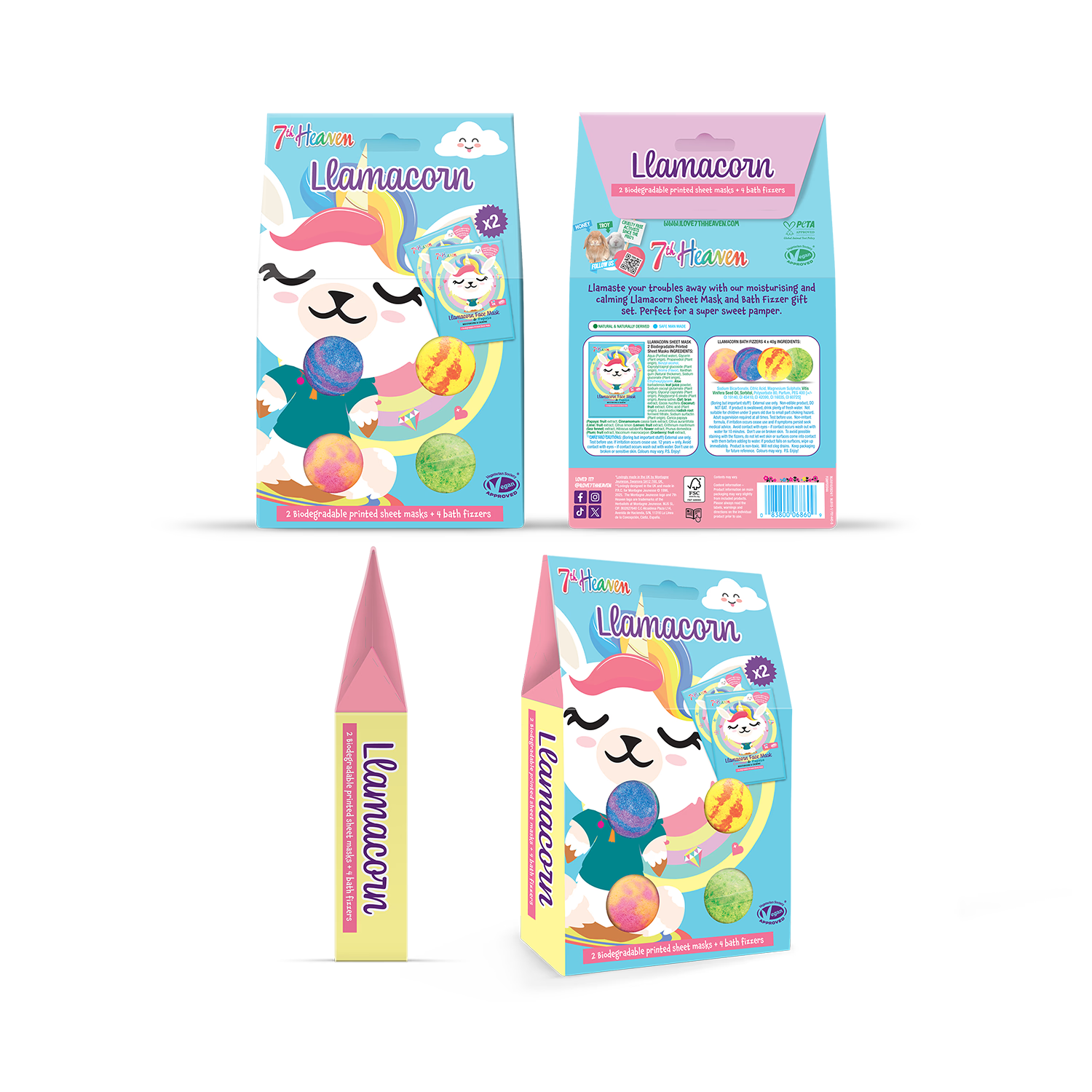 7th Heaven Llamacorn face mask and bath bomb set, UK version