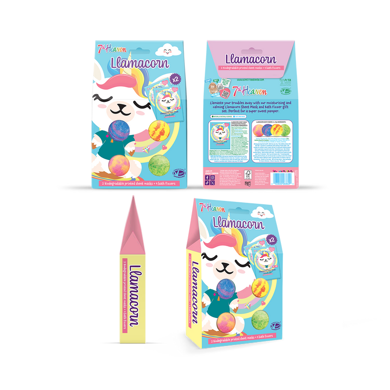 7th Heaven Llamacorn face mask and bath bomb set, UK version