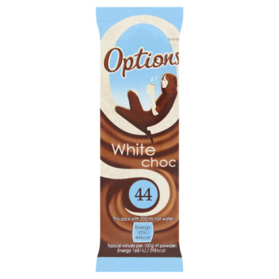 Options white hot chocolate 11g sachets, imported from the UK
