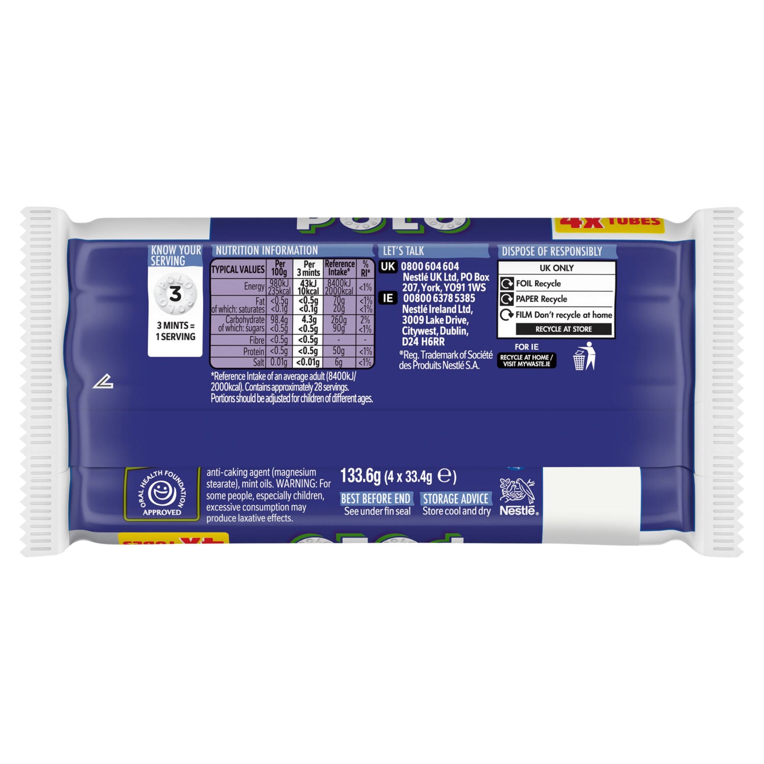 Polo Sugar Free Mint Tubes 133.6g, imported from the UK
