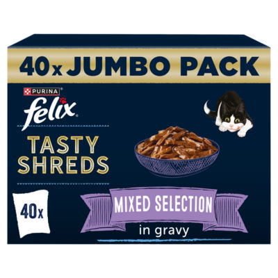 ASDA Felix Tasty Shreds Mixed Selection in Gravy Wet Cat Food 40x80g- Buy online at McGrocer