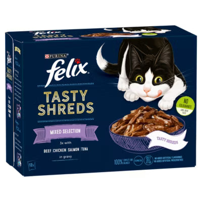 ASDA Felix Tasty Shreds Mixed Selection in Gravy Wet Cat Food 12 x 80g- Buy online at McGrocer