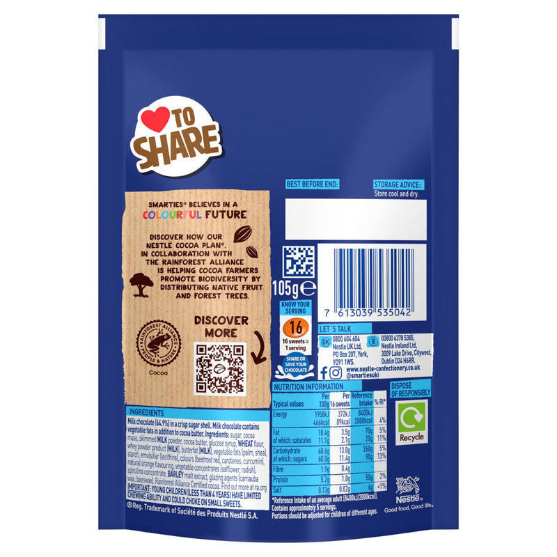 Smarties milk chocolate sharing bag with colorful sugar shells 105g (British brand)
