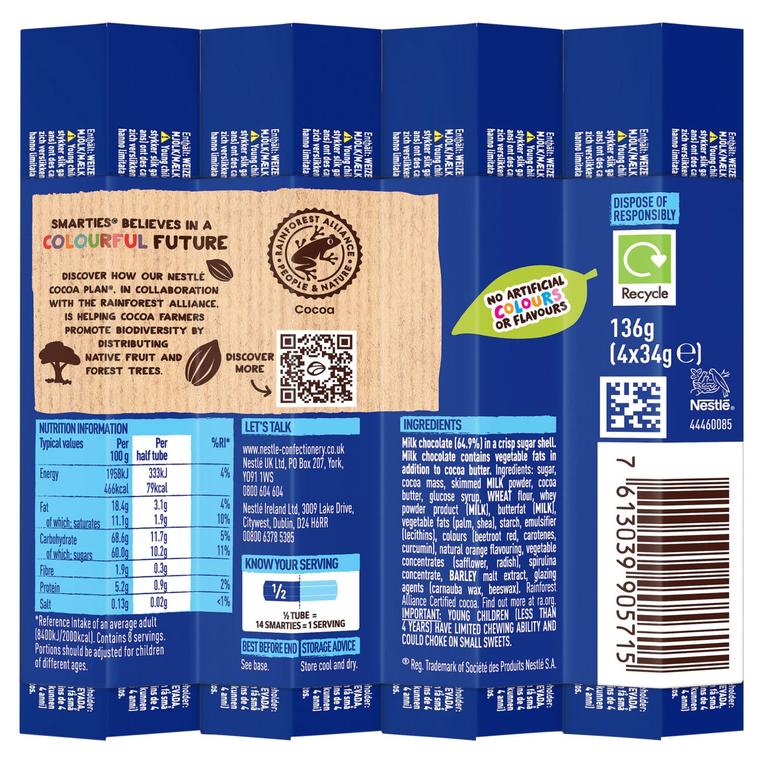 Smarties milk chocolate tubes 4 pack 136g (British brand)