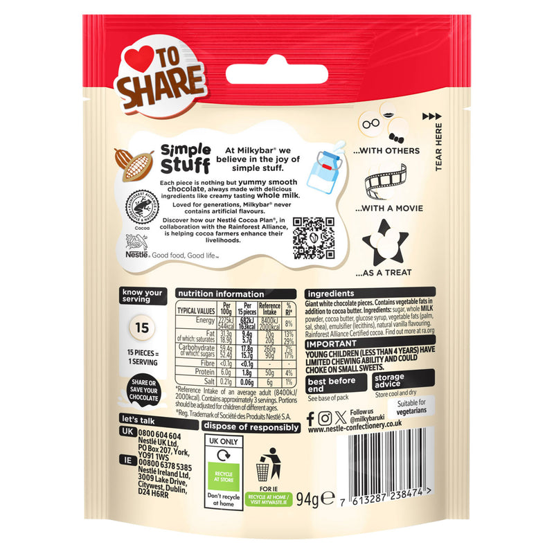 Milkybar giant white chocolate buttons 94g, imported from the UK