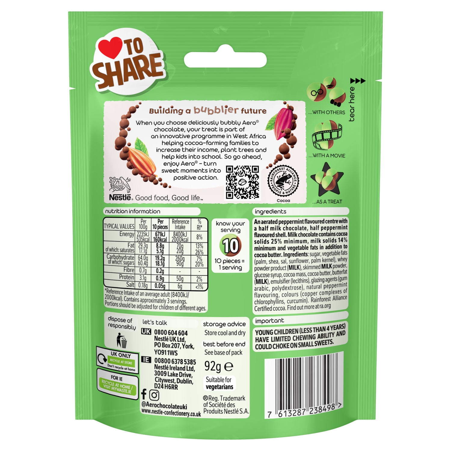Aero peppermint chocolate bubbles sharing bag 92g - British product