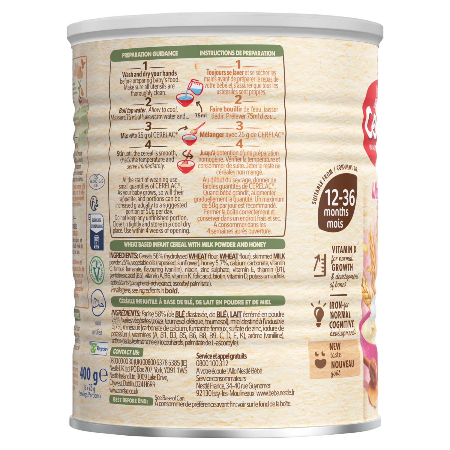 Nestle infant cereal honey and wheat 400g, imported from the UK