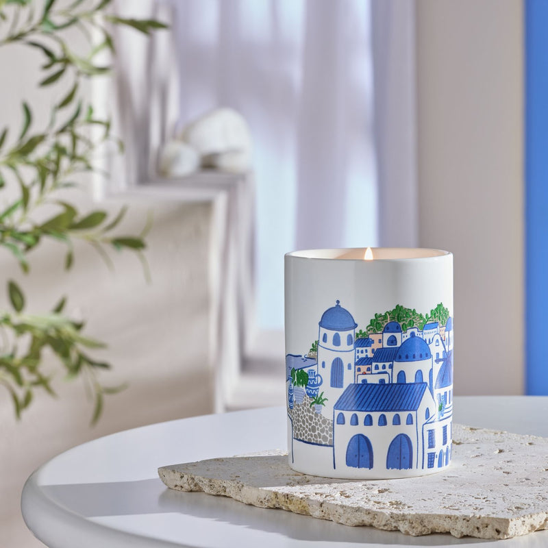 Habitat Santorini ceramic candle in blue and white holder, imported from the UK