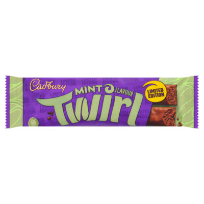 Cadbury Mint Flavour Twirl chocolate bar 43g, imported from the UK