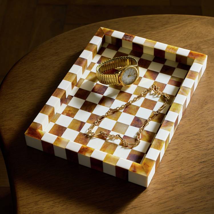 Habitat checkered trinket tray brown wood and resin - British product