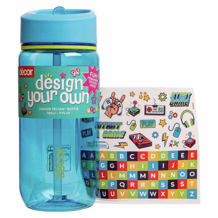Decor blue kids water bottle with stickers 500ml (British brand)