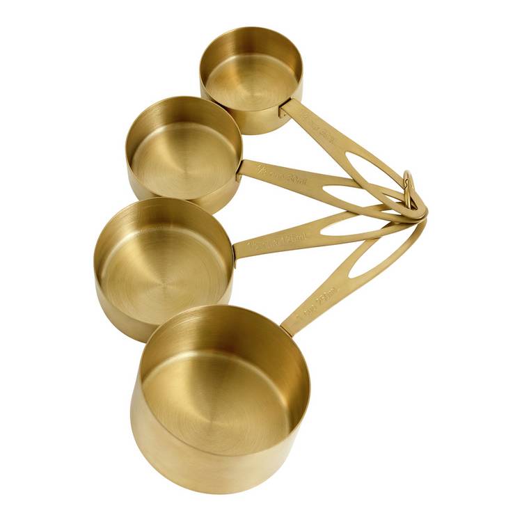 Habitat set of 4 brass-coloured steel measuring cups, imported from the UK