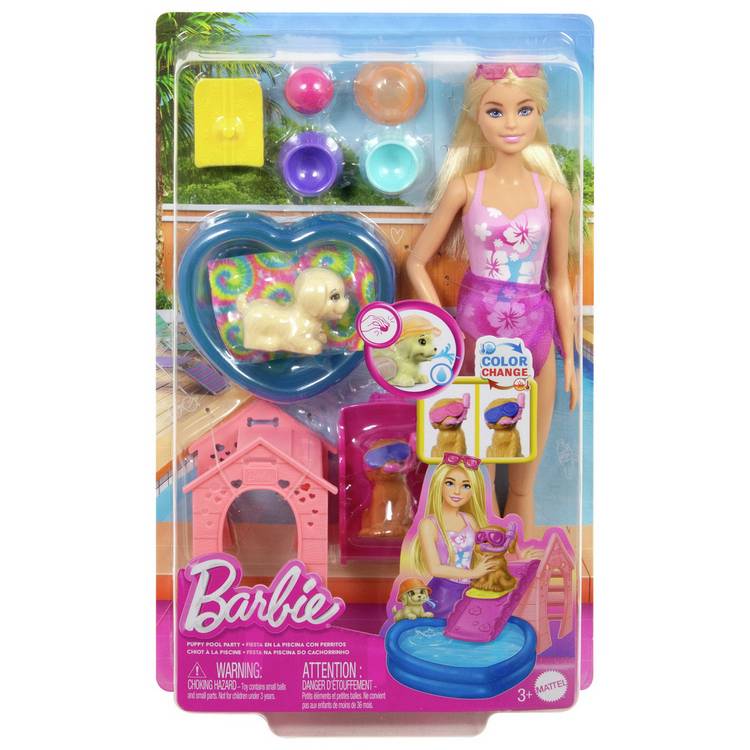 Barbie Puppy Pool Party playset with doll and pets (British brand)