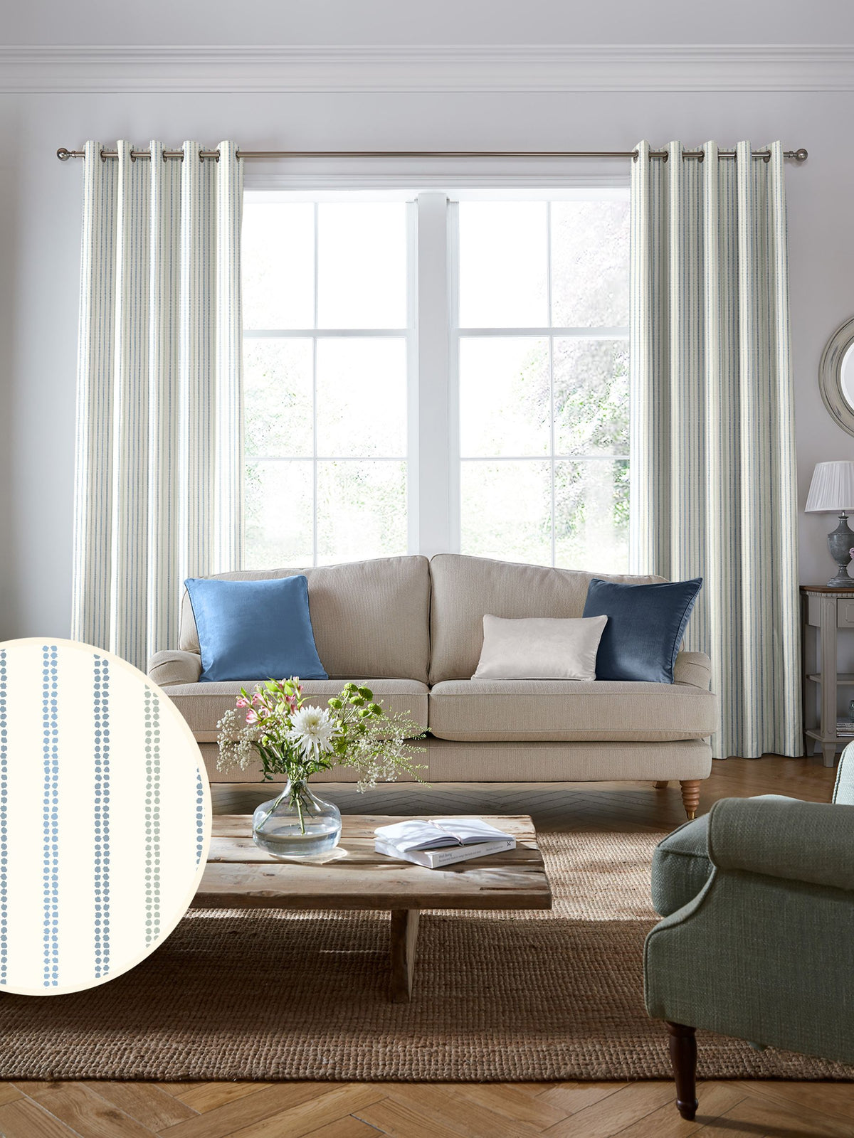 Laura Ashley Vorhänge Blue Candy Stripe - Britisches Produkt