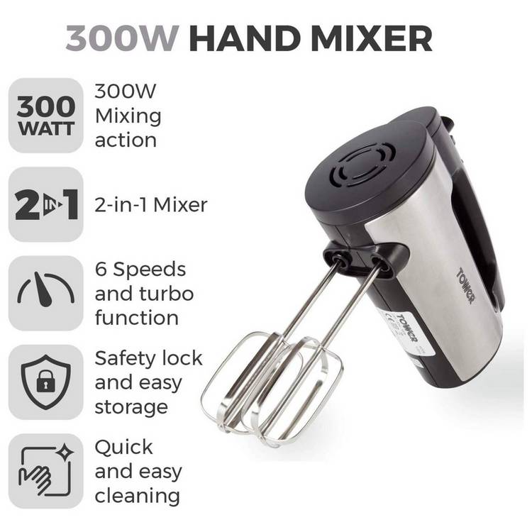 Tower 300W hand mixer stainless steel attachments (British brand)