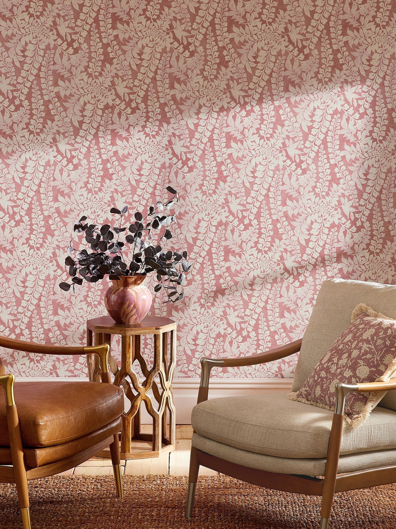 Roaming Leaf A4 wallpaper sample in raspberry pink (British brand)
