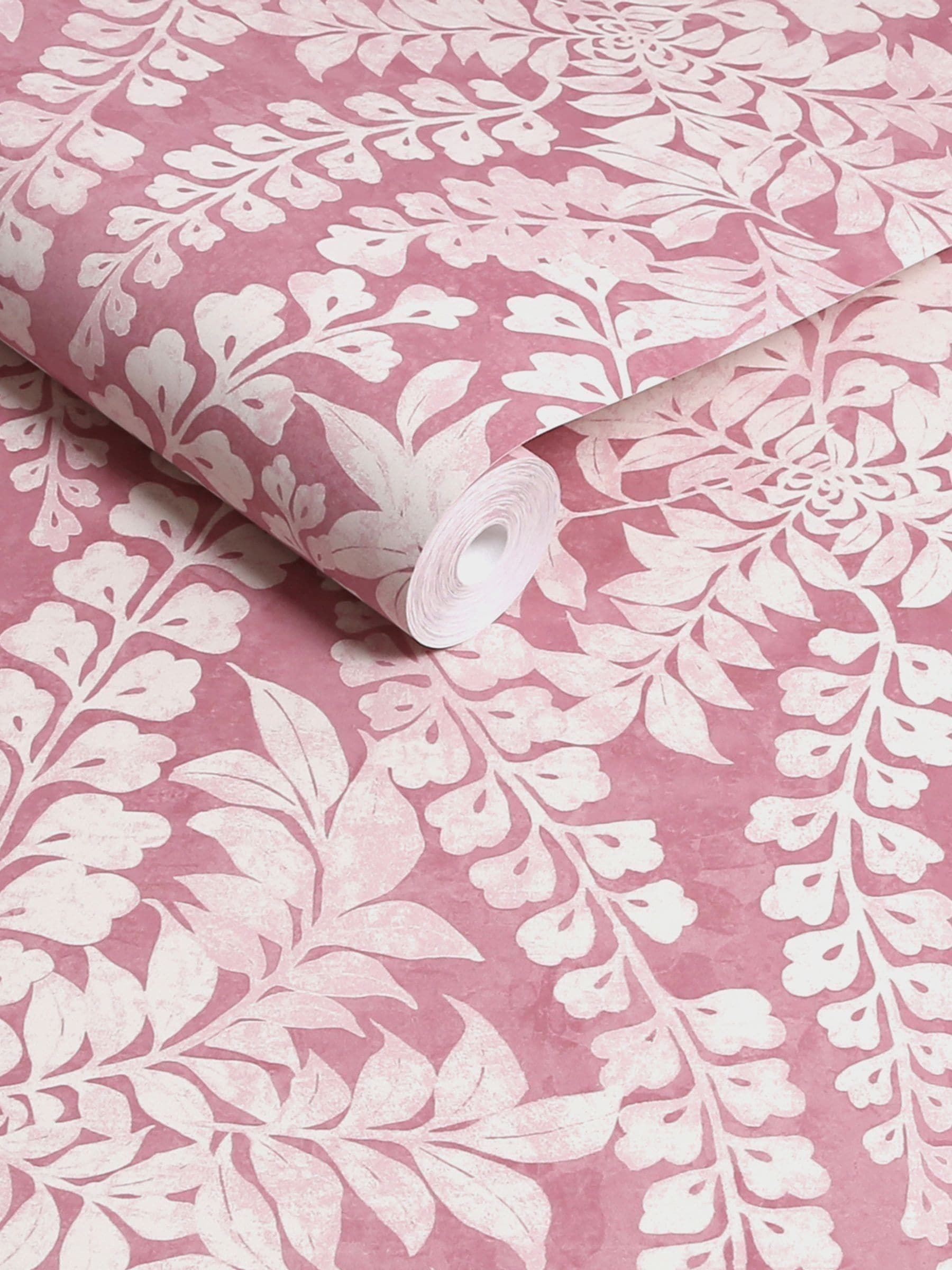 Roaming Leaf A4 wallpaper sample in raspberry pink (British brand)
