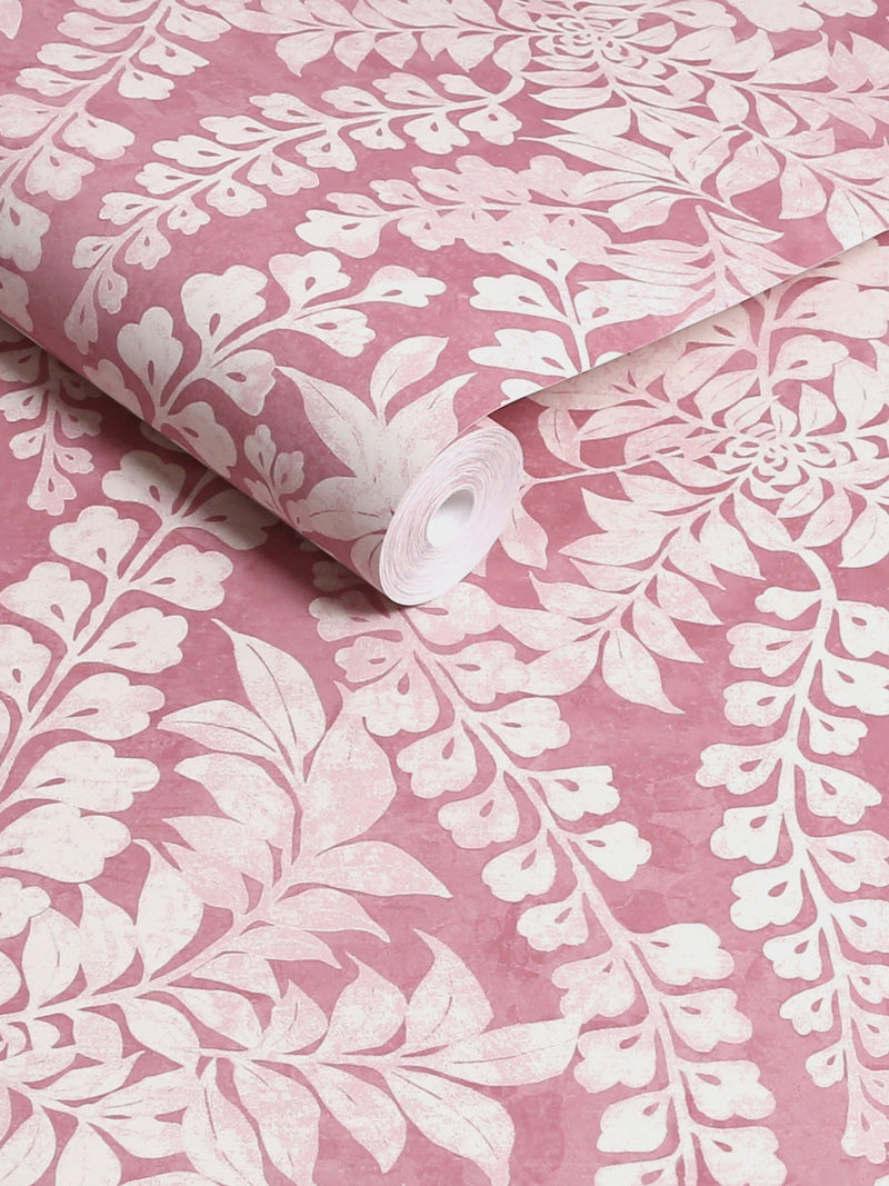 Roaming Leaf A4 wallpaper sample in raspberry pink (British brand)
