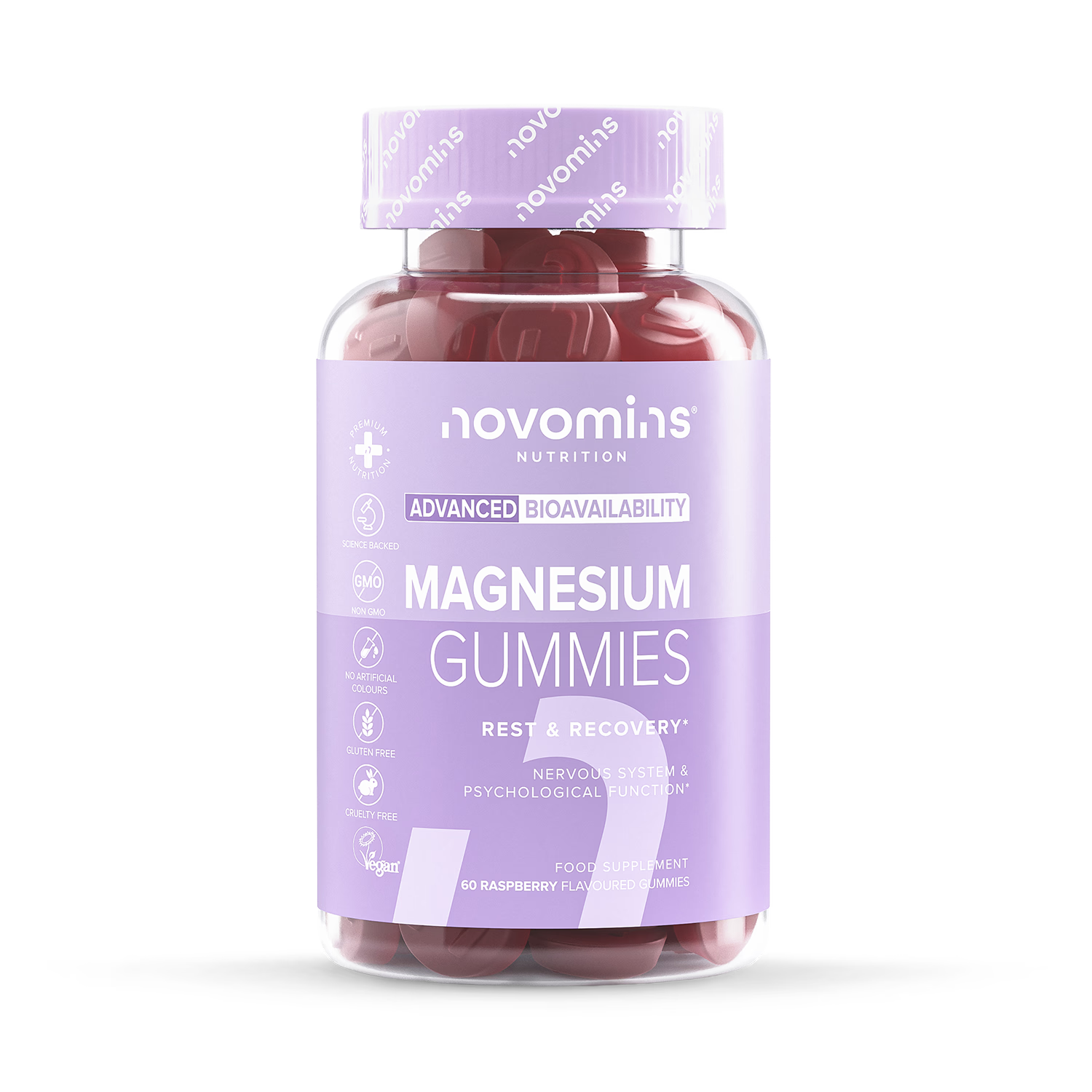 Novomins magnesium raspberry gummies 60 pack, imported from the UK