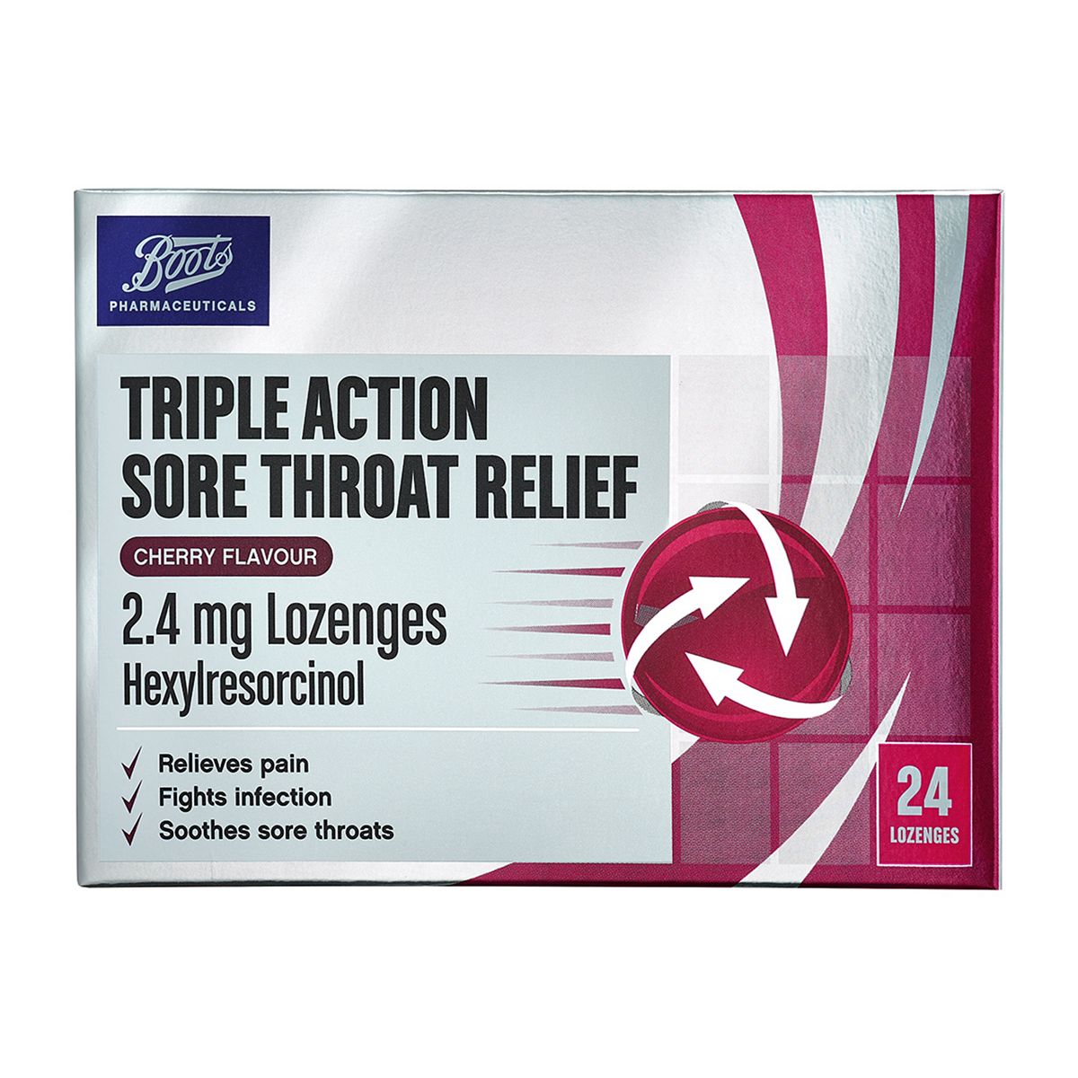 Boots Triple Action Sore Throat Relief 2.4 mg Lozenges - Cherry Flavour - 24 Lozenges GOODS Boots   