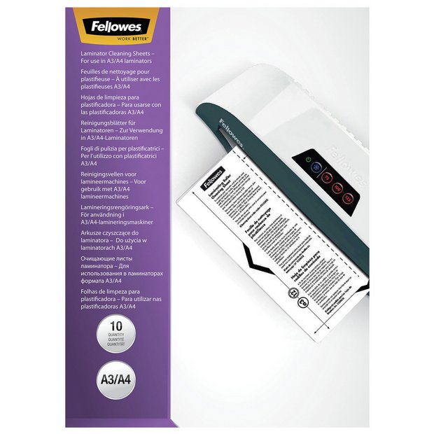 Fellowes laminator cleaning sheets A4 10 pack (British brand)