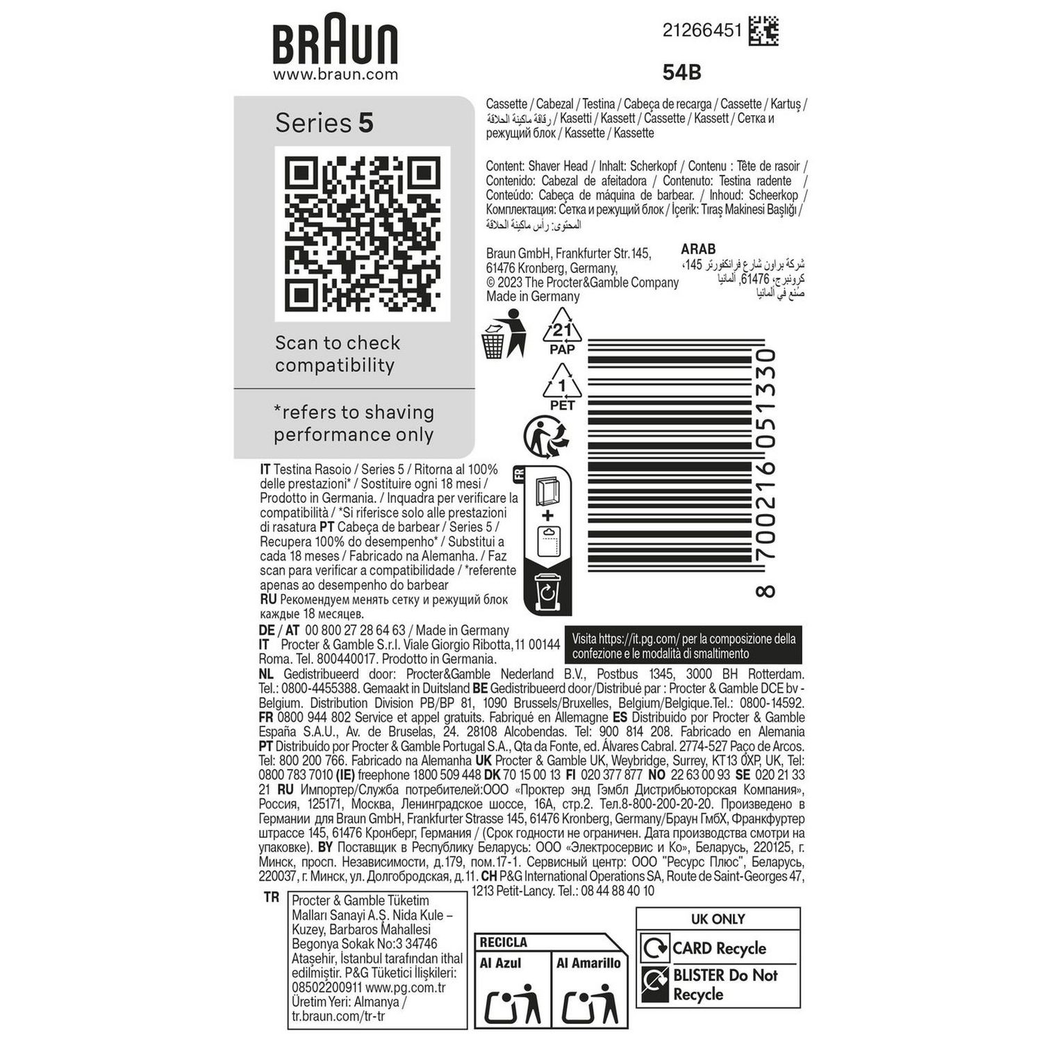 Braun Series 5 shaver head 54B, imported from the UK