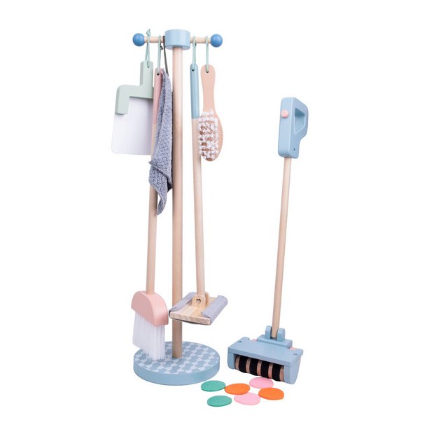 Chad Valley wooden cleaner toy set on stand - British product
