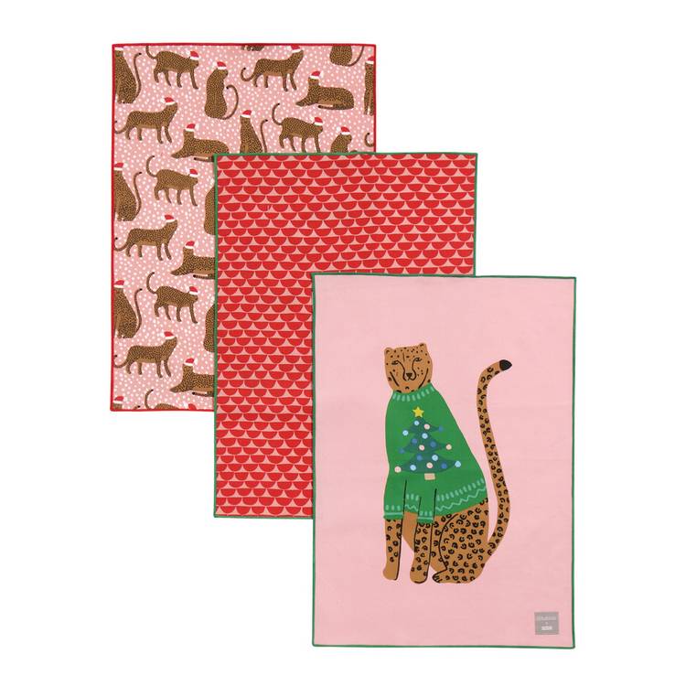 Habitat x Scion Christmas Lionel Leopard tea towels pack of 3, UK version