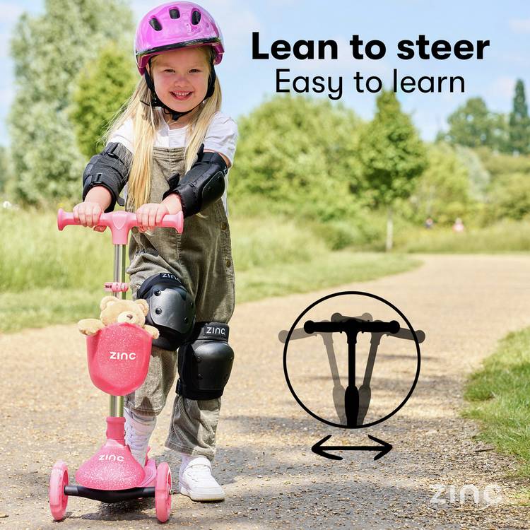 Zinc Jelly Glitter Pink Tri Scooter with light-up wheels, imported from the UK.
