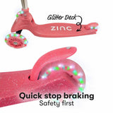 Zinc Jelly Glitter Pink Tri Scooter with light-up wheels, imported from the UK.