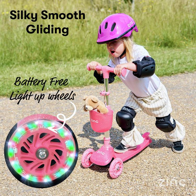 Zinc Jelly Glitter Pink Tri Scooter with light-up wheels, imported from the UK.
