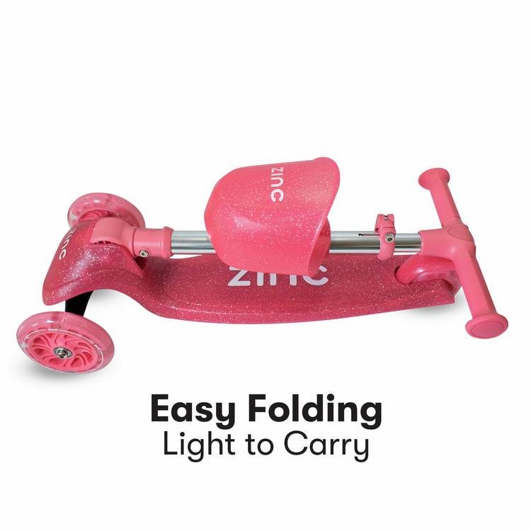 Zinc Jelly Glitter Pink Tri Scooter with light-up wheels, imported from the UK.