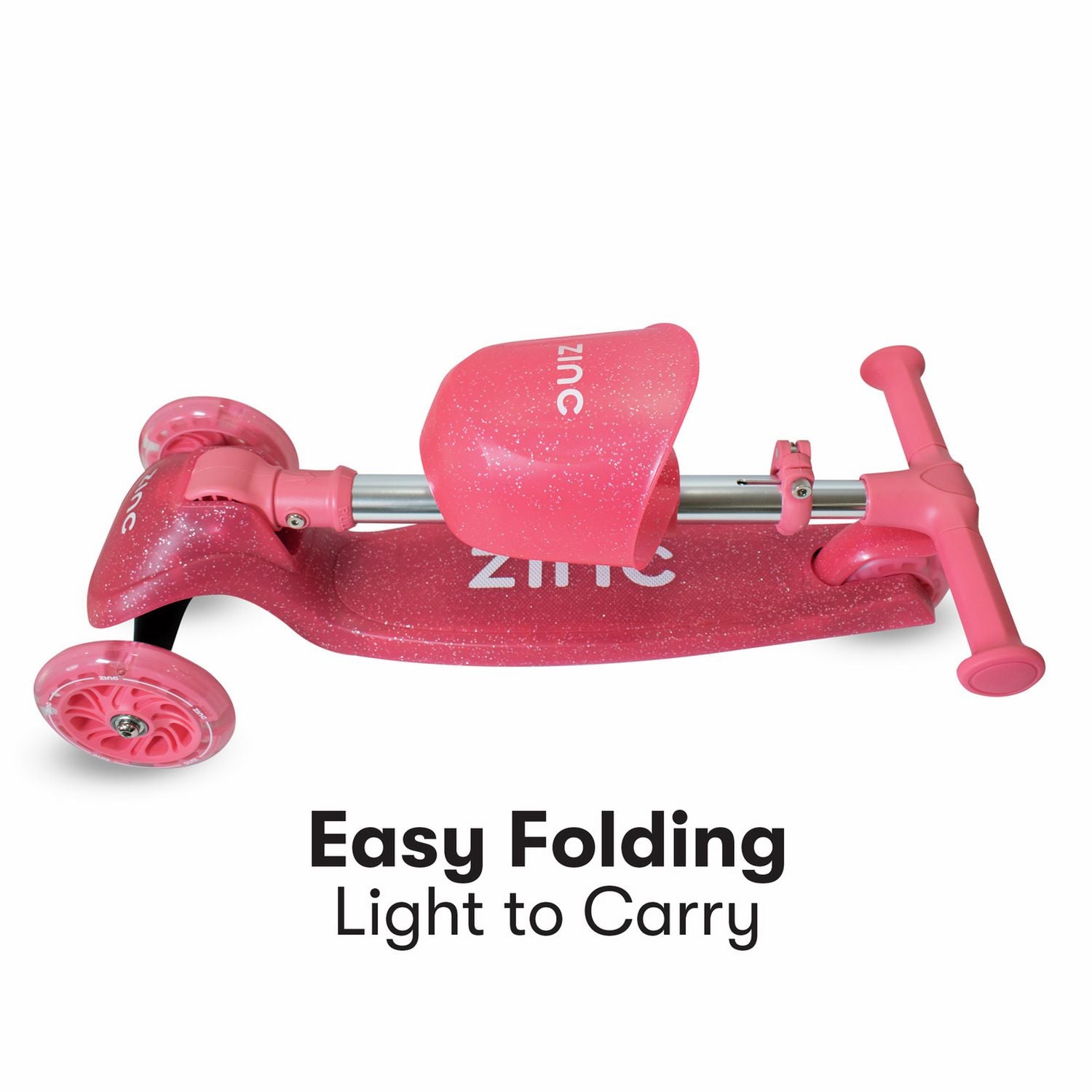 Zinc Jelly Glitter Pink Tri Scooter with light-up wheels, imported from the UK.
