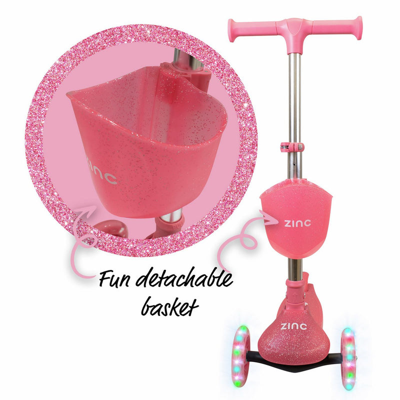 Zinc Jelly Glitter Pink Tri Scooter with light-up wheels, imported from the UK.